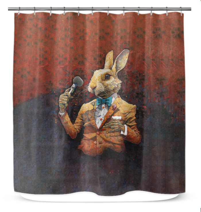 Forest-inspired shower curtain featuring a rabbit design.