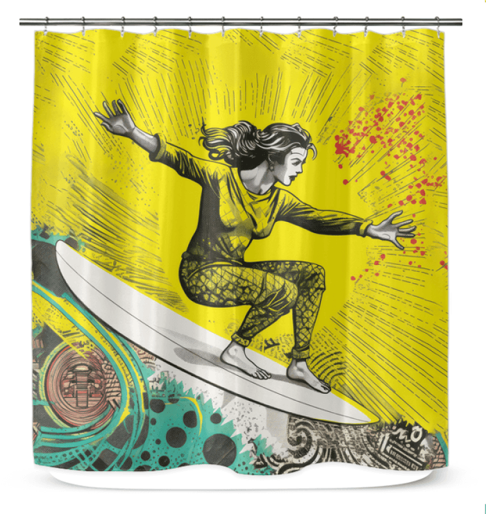 Surfing 1 10 Shower Curtain displayed in a bathroom, adding a burst of oceanic charm with its vivid surf scene and enhancing the shower experience.