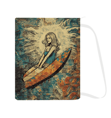 "The Surfing 1 28 Laundry Bag displayed in a stylish room, its vibrant surf-themed graphics adding a decorative and functional touch to your home.