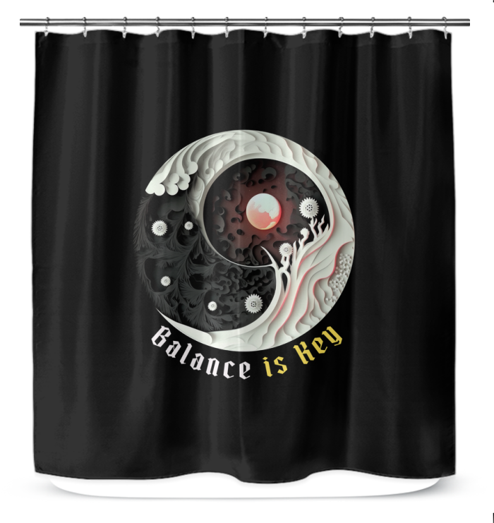 Serene Ying Yang shower curtain in cool blue tones.