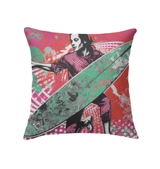 Stylish Surfing 5 10 Indoor Pillow with dynamic wave and surfboard design for a cozy, beachy feel.