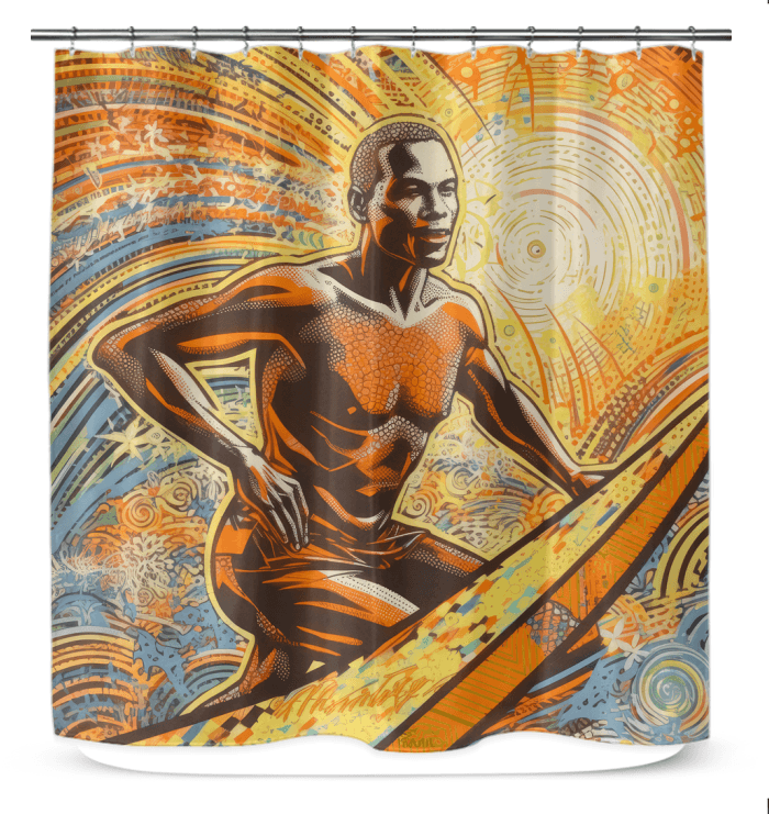 Chic Surfing 5 15 Shower Curtain featuring stylish surfboard and wave motifs for a modern bathroom look.