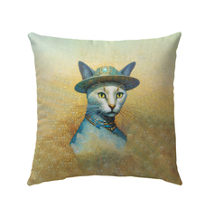 Curious Cat Eyes Outdoor Pillow on an outdoor sofa with vibrant decor.