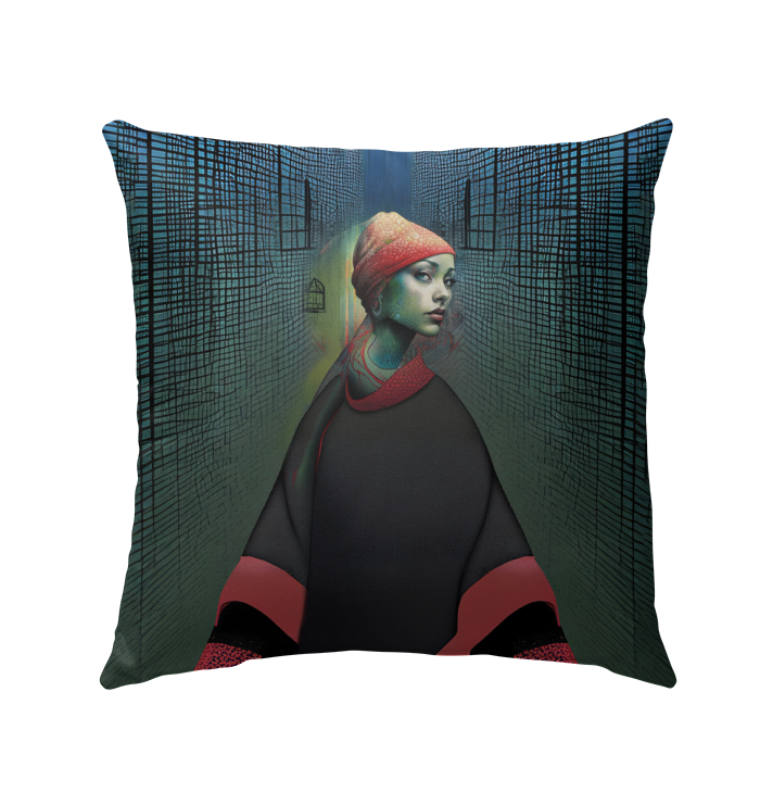 Mystic Aura Beyond Style Outdoor Pillow on a cozy outdoor sofa.