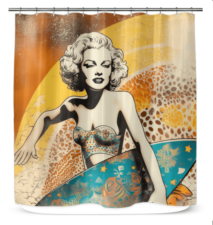 Surfing 5 04 Shower Curtain with a chic surfboard and wave design for a stylish bathroom update.