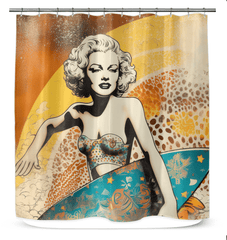 Surfing 5 04 Shower Curtain with a chic surfboard and wave design for a stylish bathroom update.