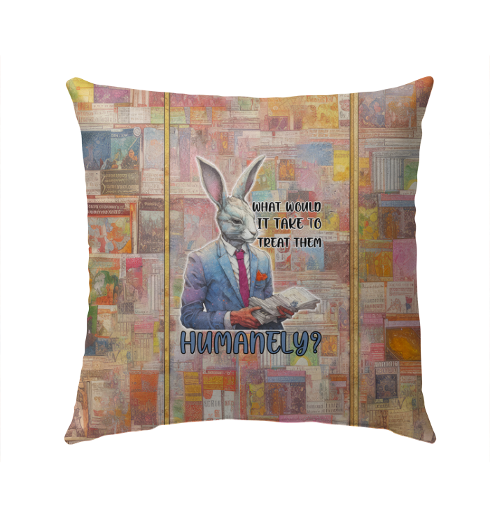 Outdoor pillow featuring a rabbit surfing on the beach.