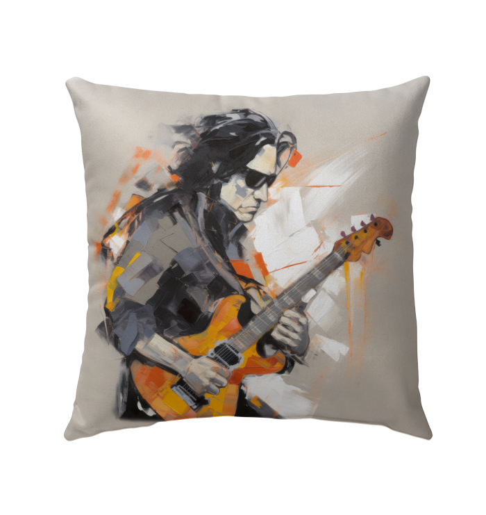 Outdoor pillow featuring a tropical sunset design, perfect for patio decor.