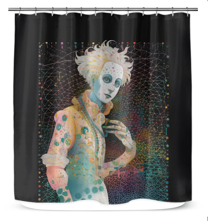 Elegant Harmonic Haven Giant Shower Curtain adding style to a shower.