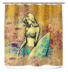 Surfing 1 20 Shower Curtain in a bathroom, showcasing its dynamic surf imagery for an immersive, coastal-inspired shower environment.