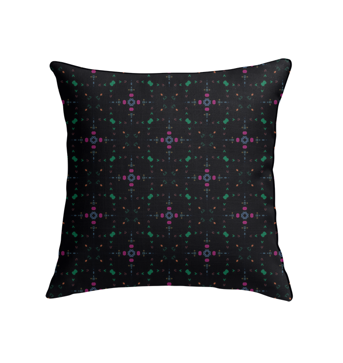 Close-up of Whimsical Garden Indoor Pillow's colorful floral design.