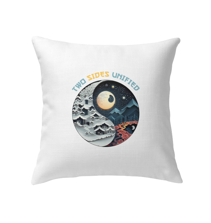 Decorative pillow with tranquil rainforest and Yin Yang artwork.