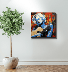 Passionate music scene on wrapped canvas.