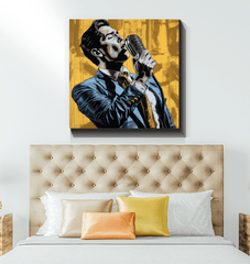 Stylish wrapped canvas for a music lover's bedroom.