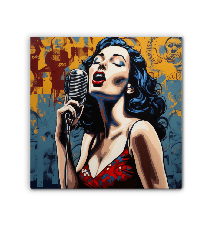 Music-themed wrapped canvas on gallery wall.