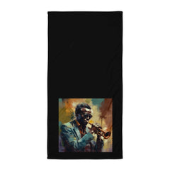 Colorful Musical Muse Towel with musical notes and instruments design.
