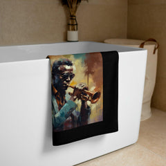 Artistic bath towel featuring a musical theme, ideal for music lovers.