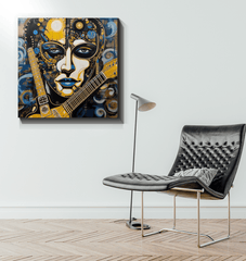 Decorative canvas with musicians and beauty theme.