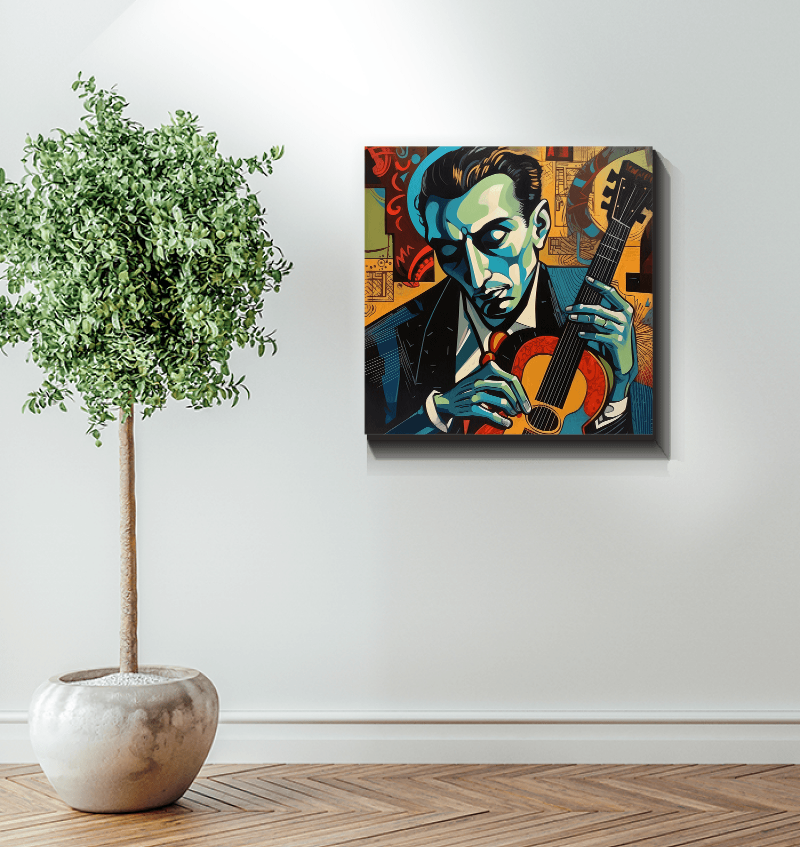 Wrapped canvas of musicians with magical aura for home decor.
