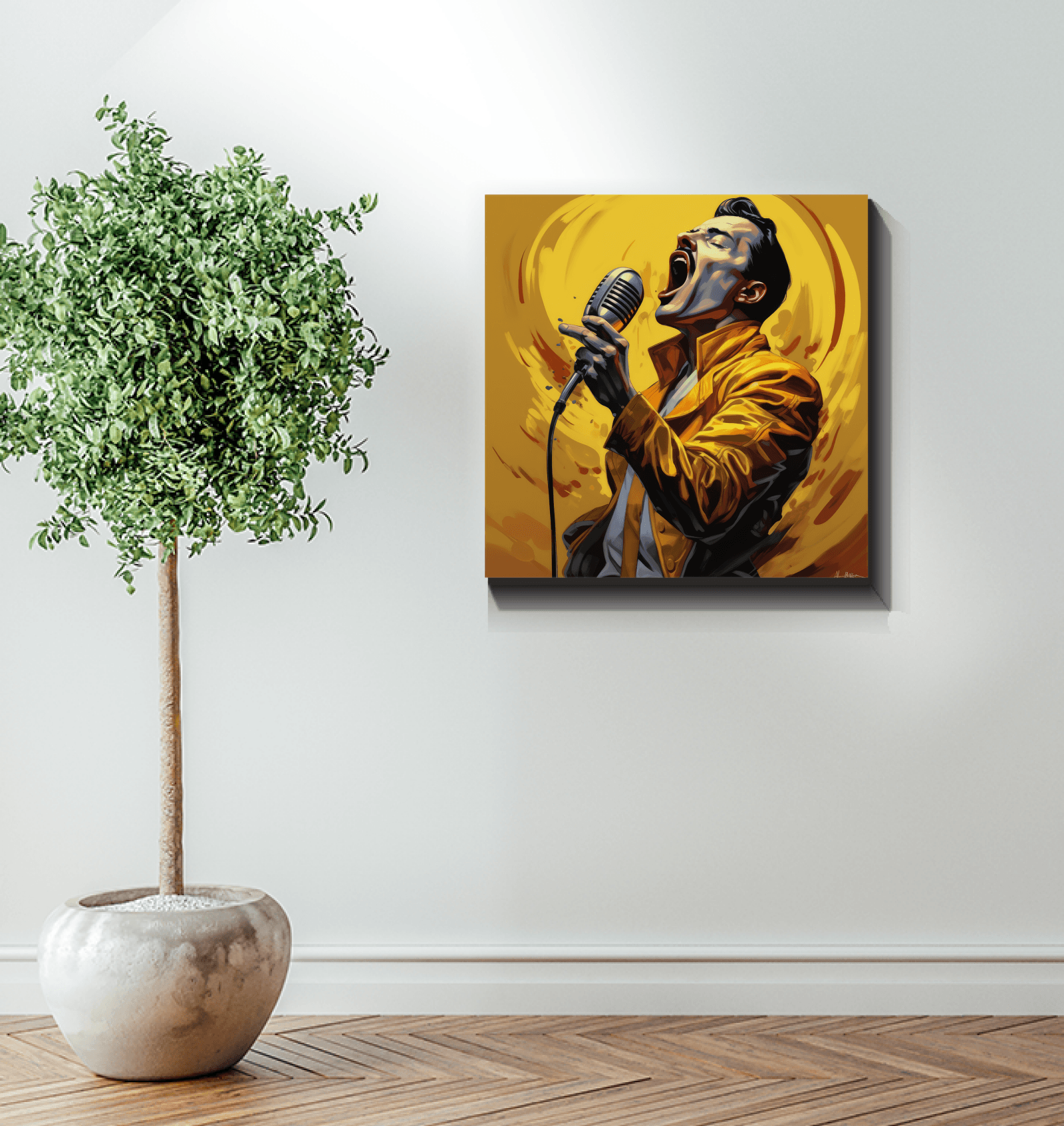 Elegant wall art featuring musicians and innovation.