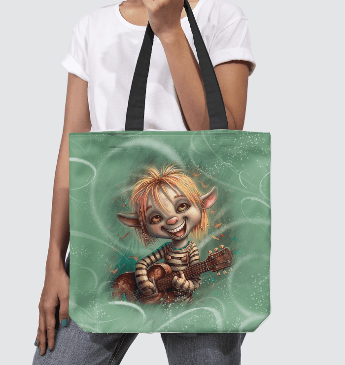 Mystical Eyes of Fantasy design on basketweave tote bag showcasing vibrant artwork.