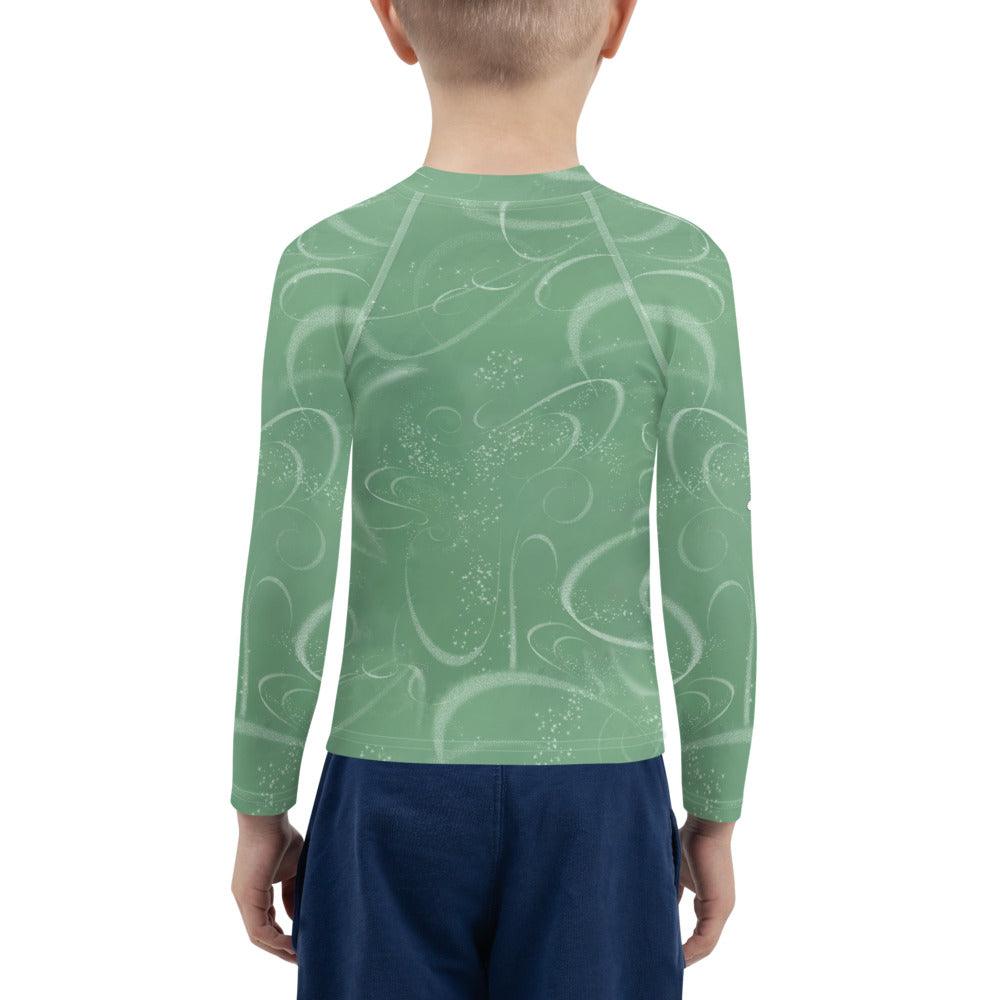 Kids' fantasy-themed swimwear with mystical eyes artwork.