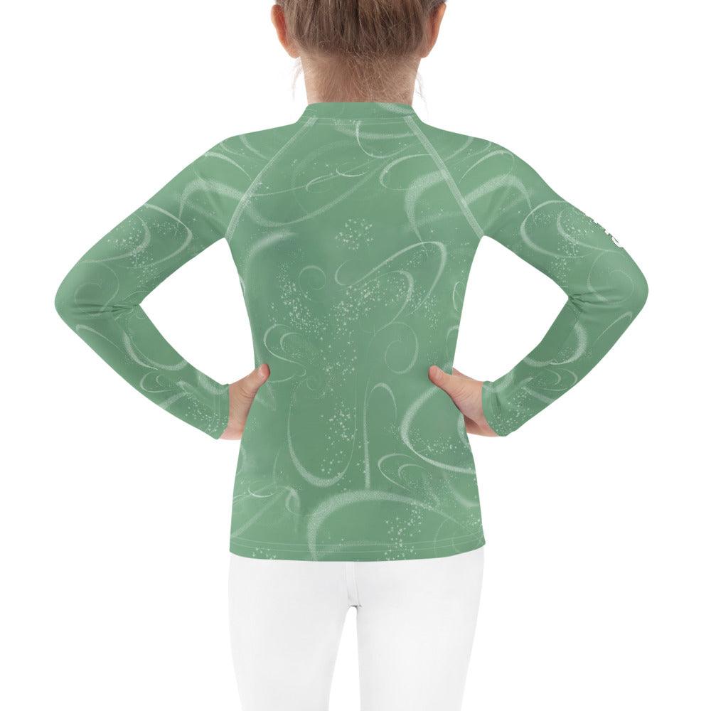 Unique fantasy eyes design on kids' swimwear rash guard.