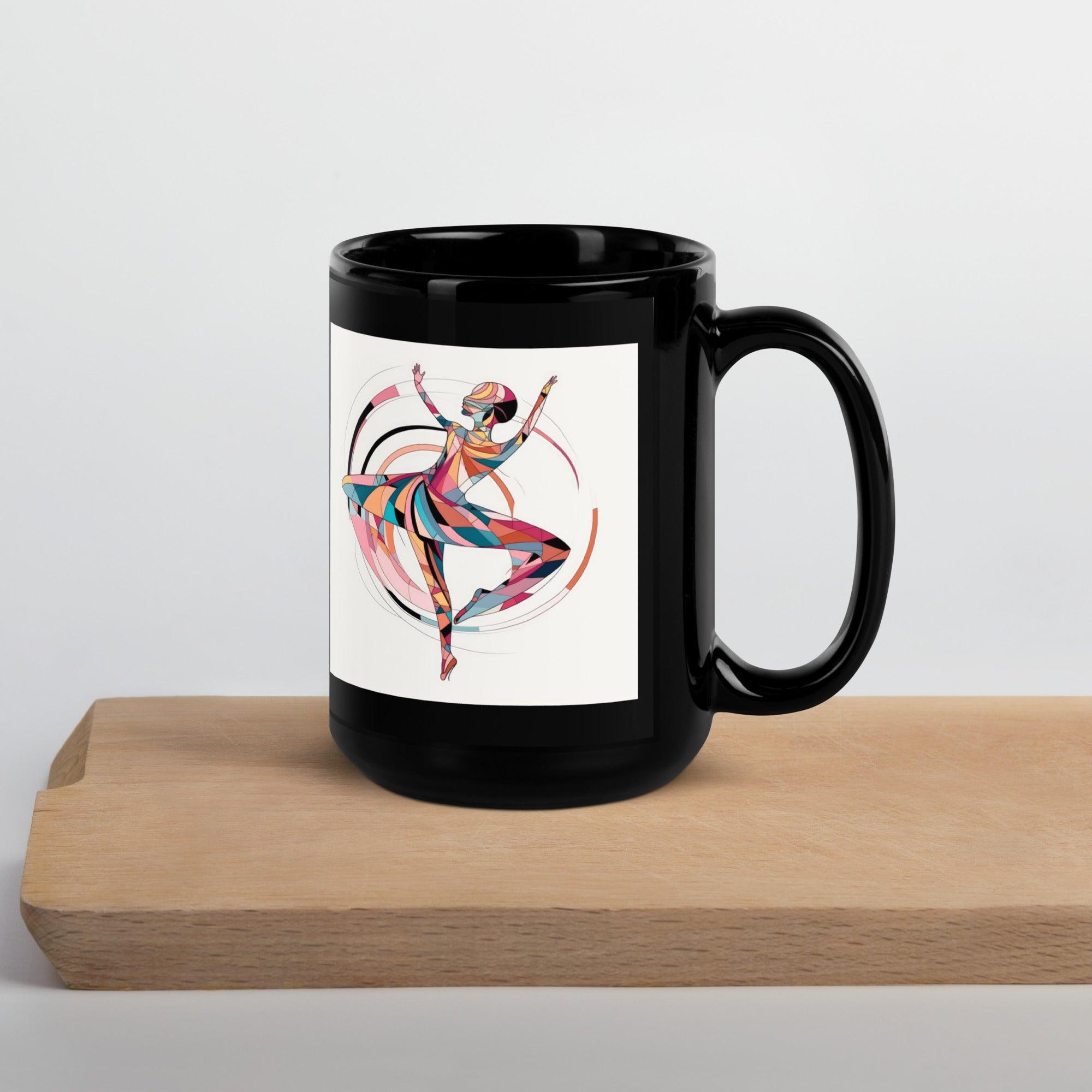 Artistic black mug with mystical dance theme for coffee enthusiasts.