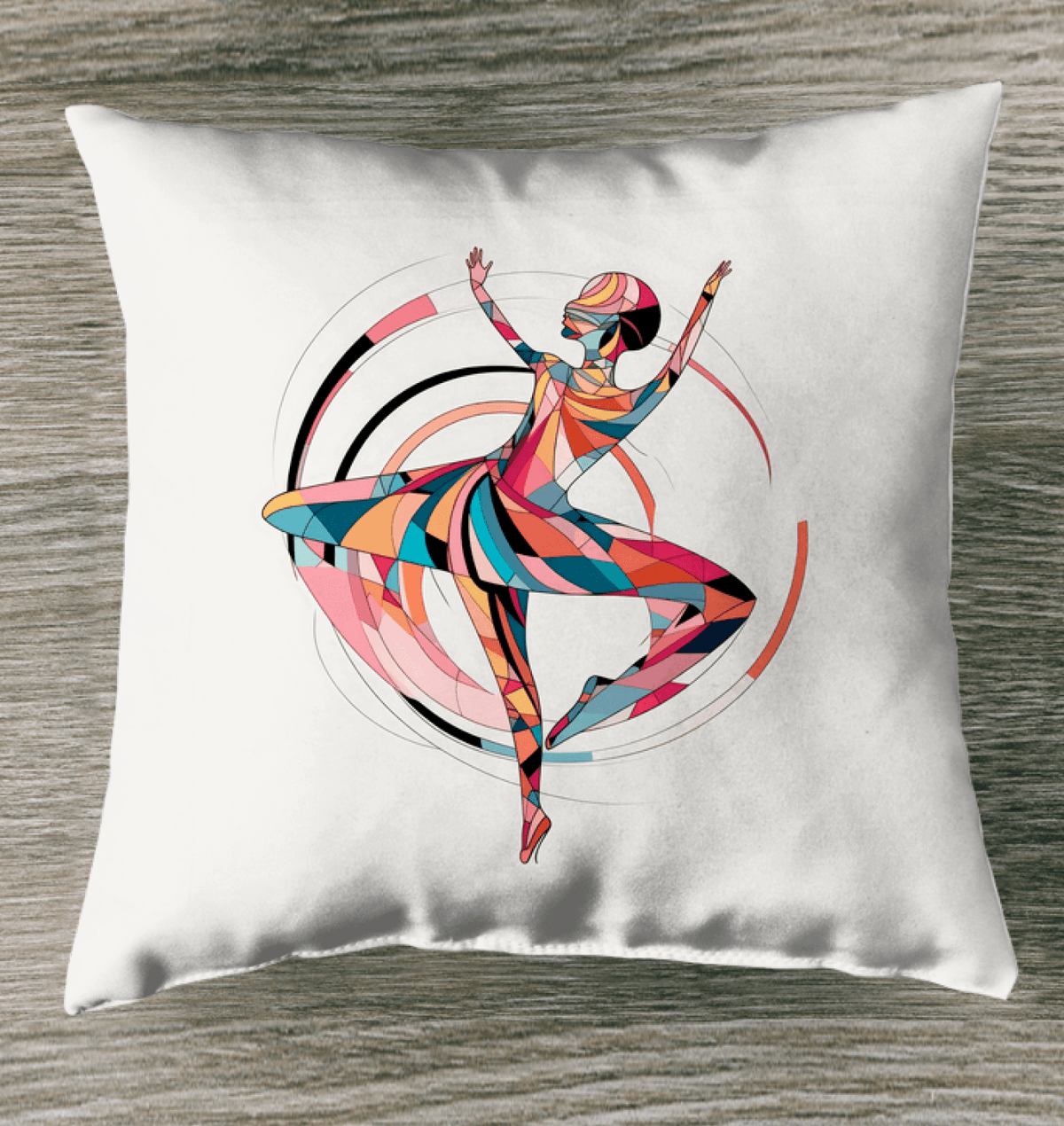 Artistic indoor pillow featuring a mystical dance design