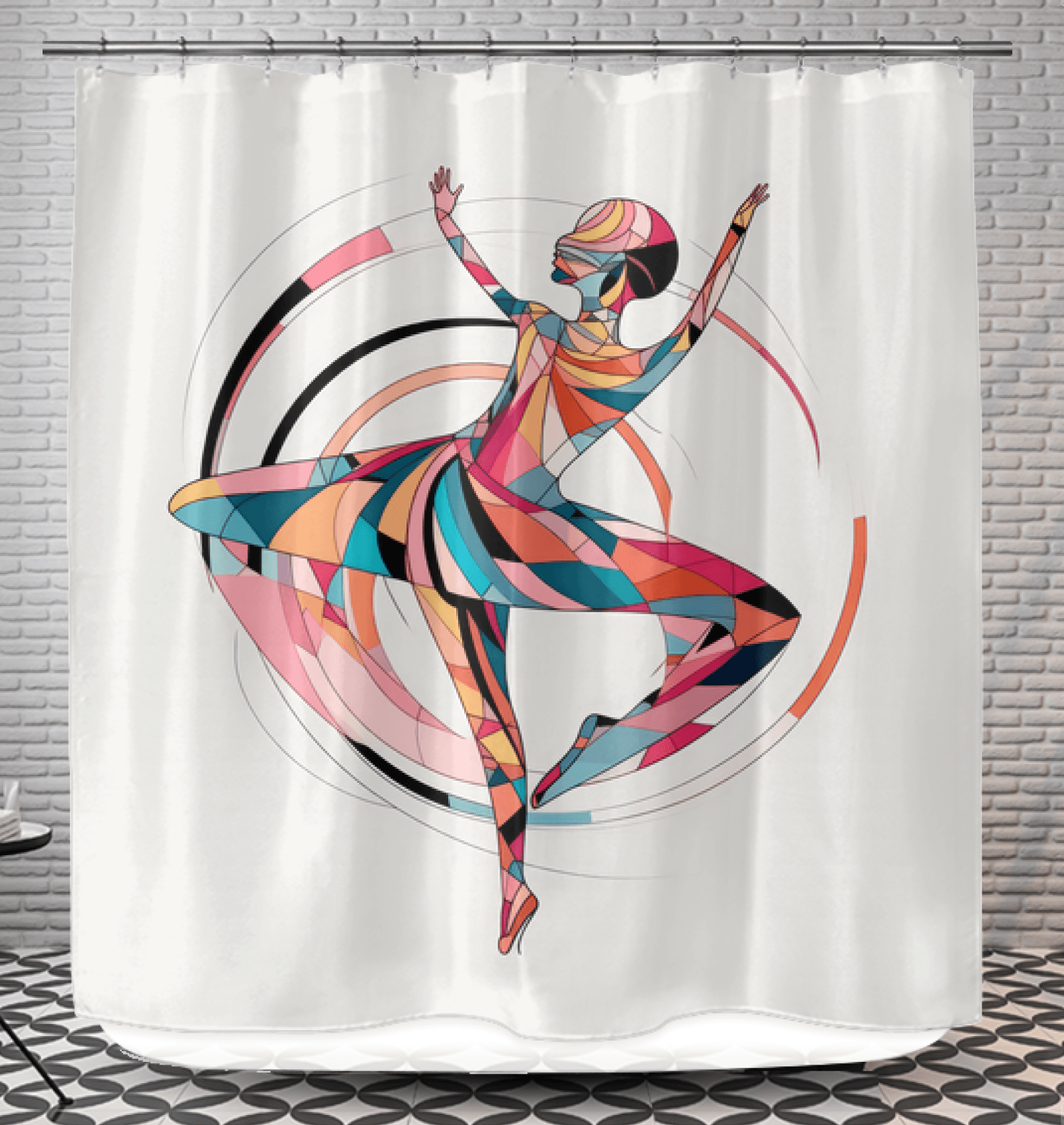 Artistic shower curtain featuring a mystical feminine dance form in vibrant colors.