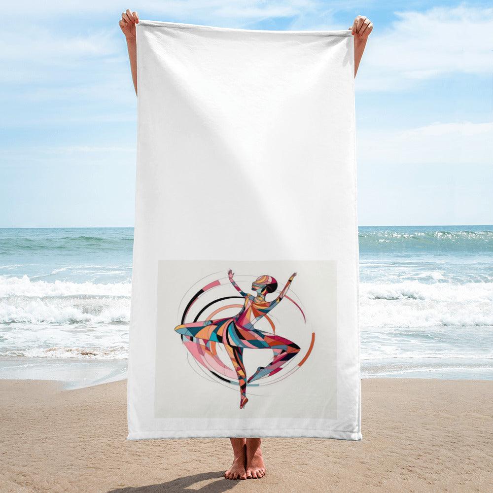 Artistic towel featuring mystical feminine dance imagery, ideal for beach.