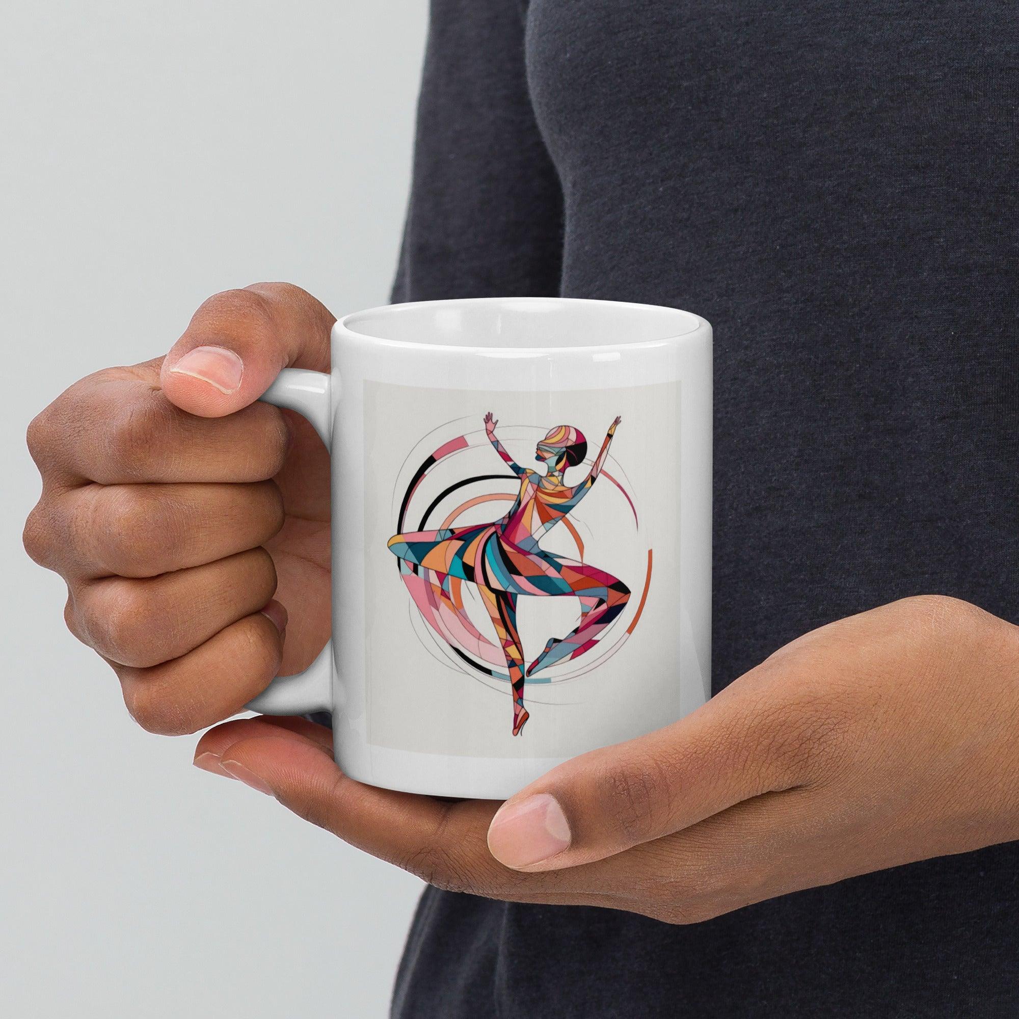 White glossy mug with mystical feminine dance design.