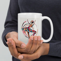 Stylish white coffee mug with dance form illustration.