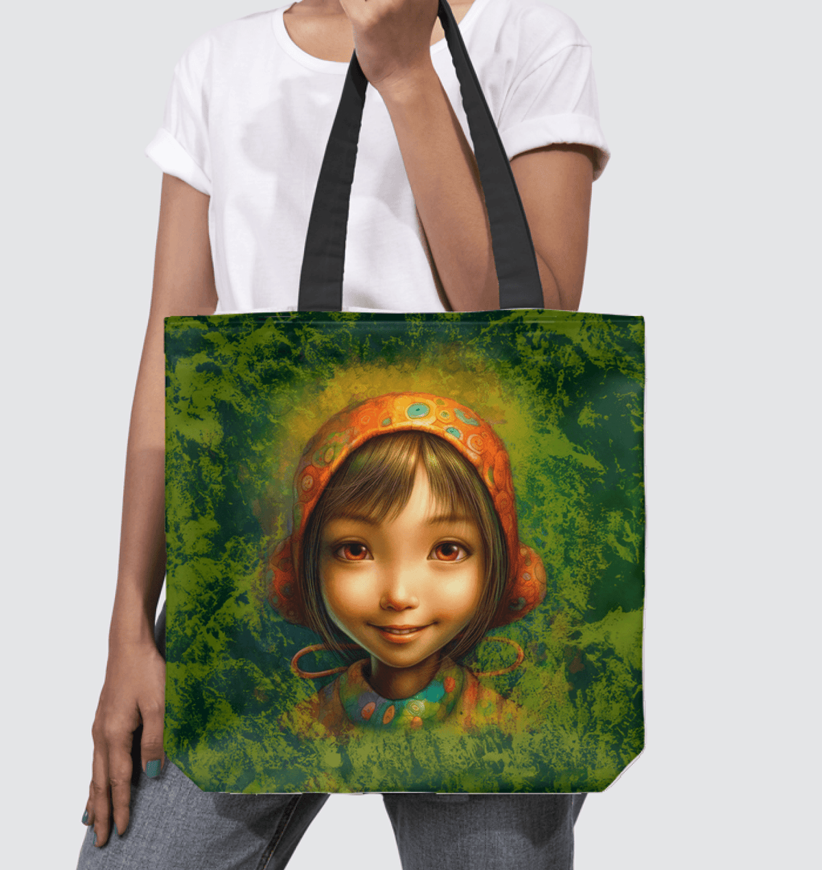 Elegant woman carrying the Mystical Glimmers of Innocence Basketweave Tote Bag.