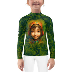Child wearing Mystical Glimmers of Innocence Rash Guard playing at the beach.