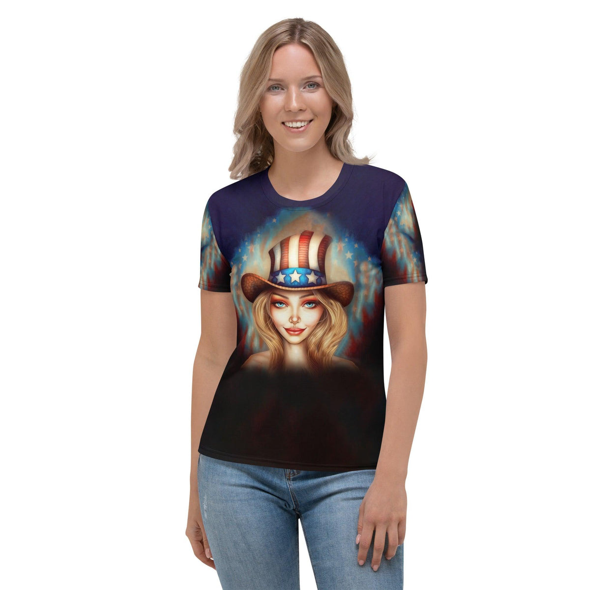 Mystical Maelstrom women's t-shirt with colorful swirl design.