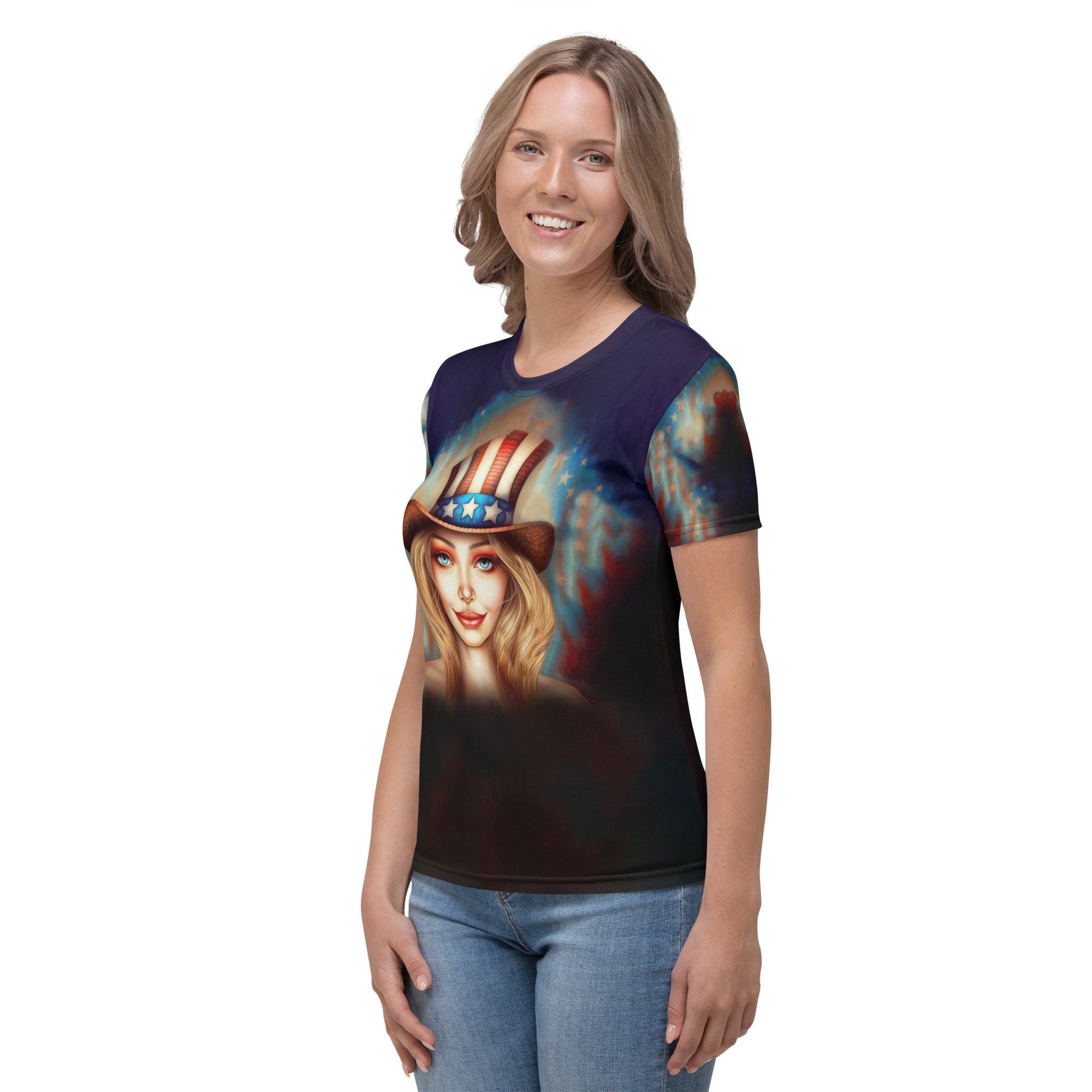 Woman wearing Mystical Maelstrom t-shirt, showcasing the vibrant design.