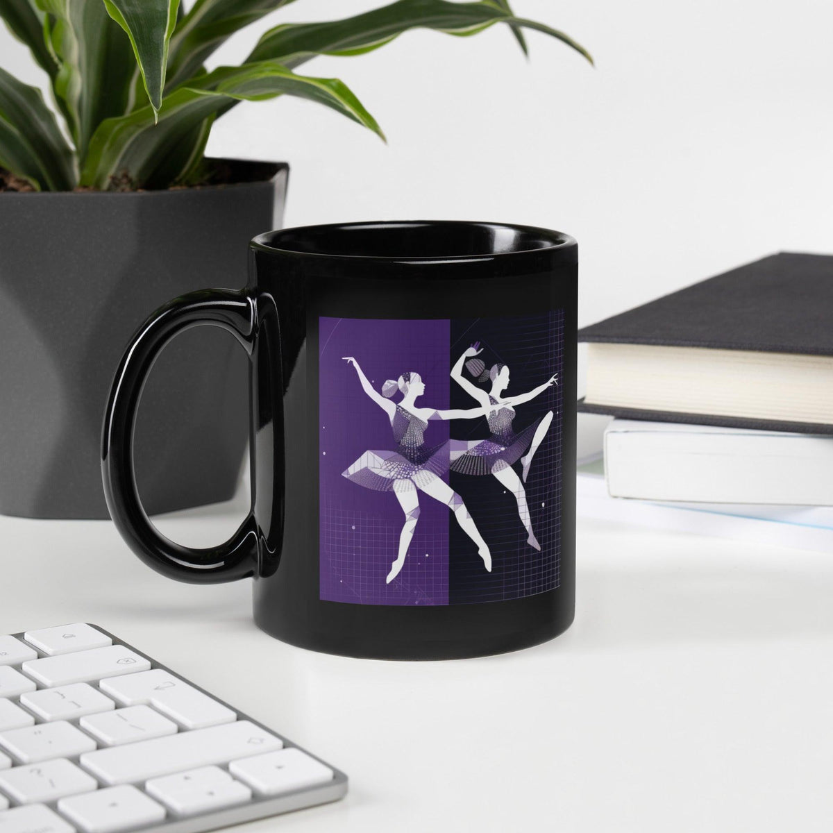 Black glossy mug with mystical women's dance design