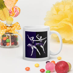 White glossy mug with mystical women's dance motion design.