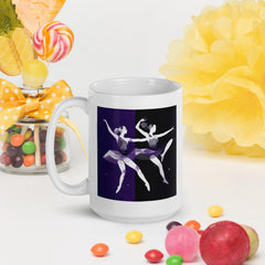 Mystical dance motion artwork on a glossy white mug.