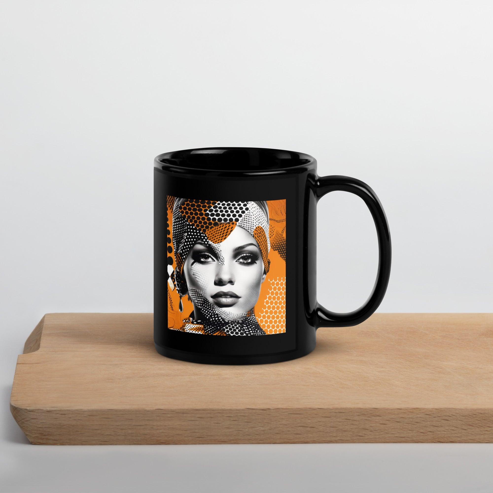 Painted Palates black glossy mug on a kitchen counter.