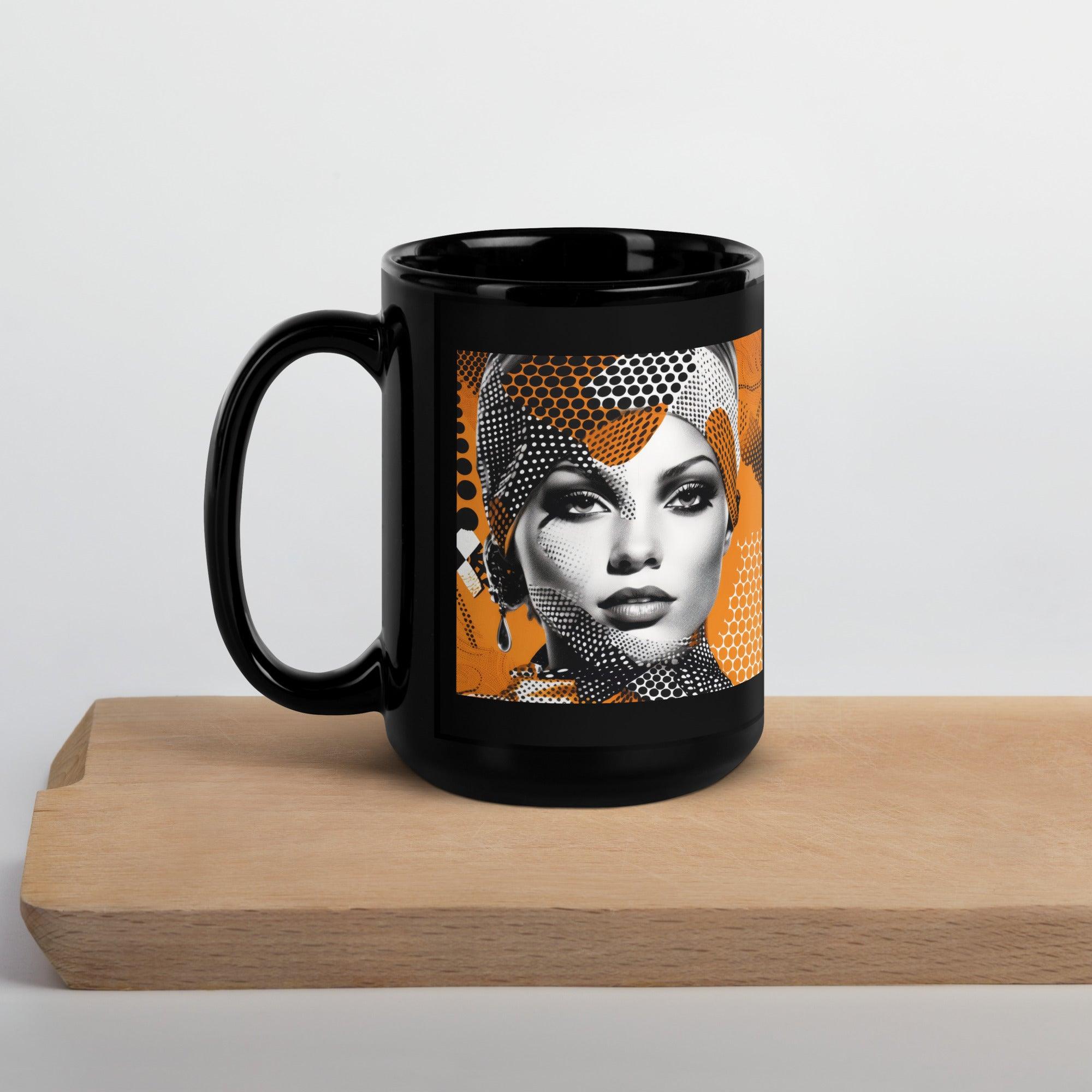 Black glossy ceramic mug by Painted Palates in natural light.