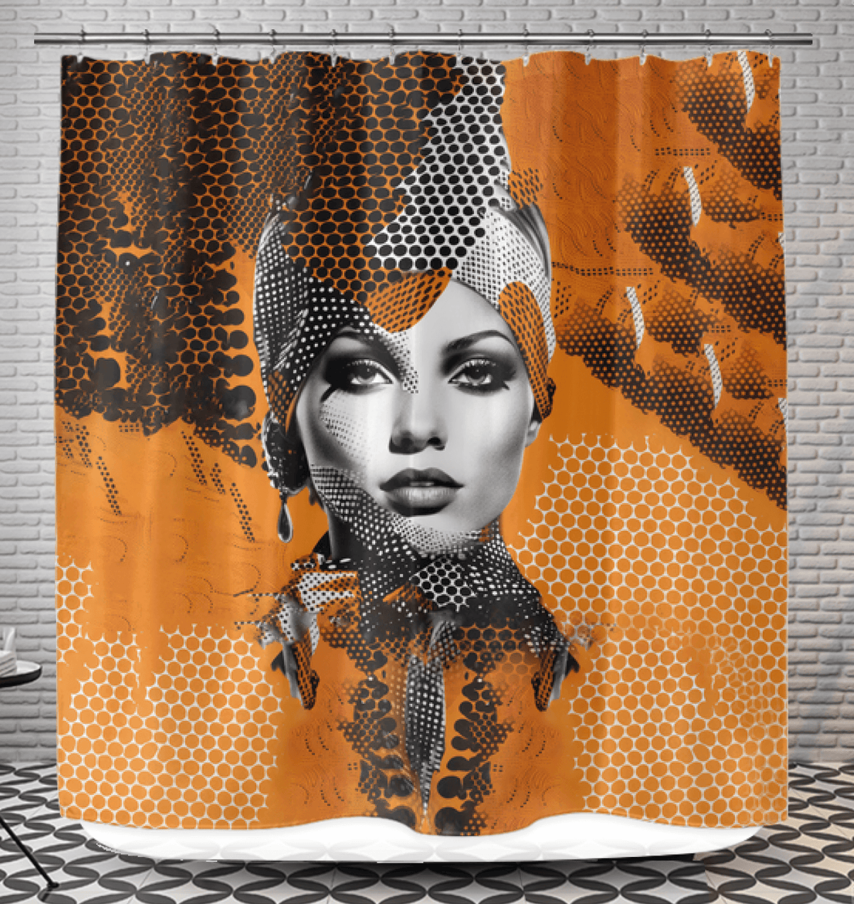 Vibrant and artistic shower curtain with painted palates pattern in a bathroom setting