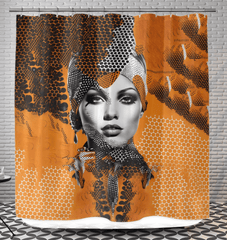 Vibrant and artistic shower curtain with painted palates pattern in a bathroom setting