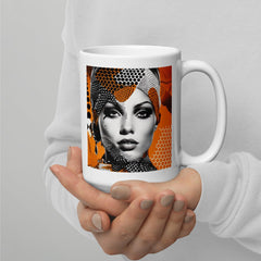 Close-up of Painted Palates white glossy mug with artistic design.