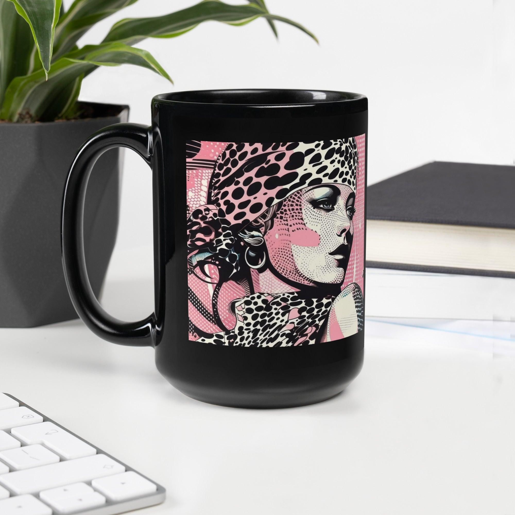 Close-up of a black glossy mug with painted designs.