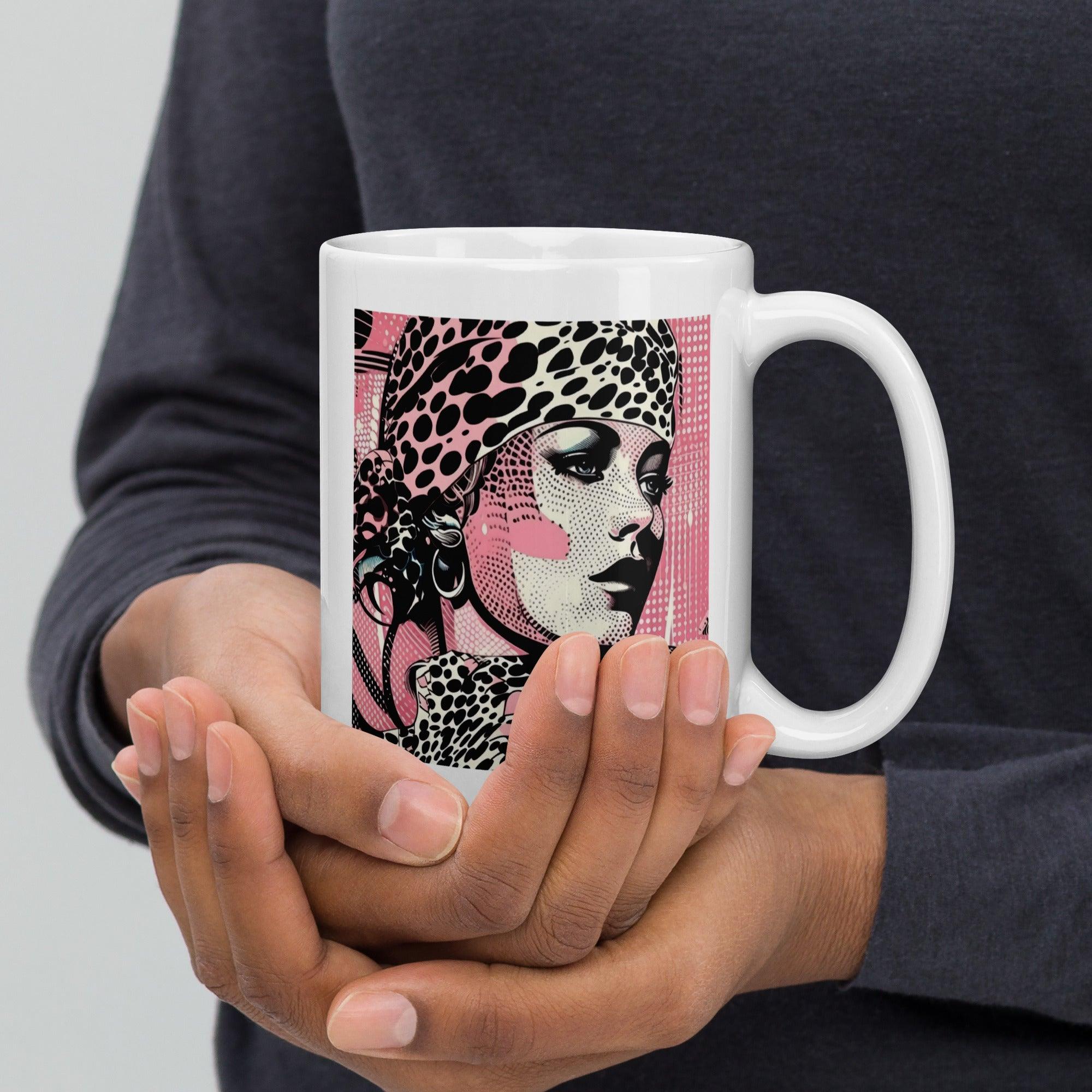 Close-up of Painted Passions white glossy coffee mug with artistic design.