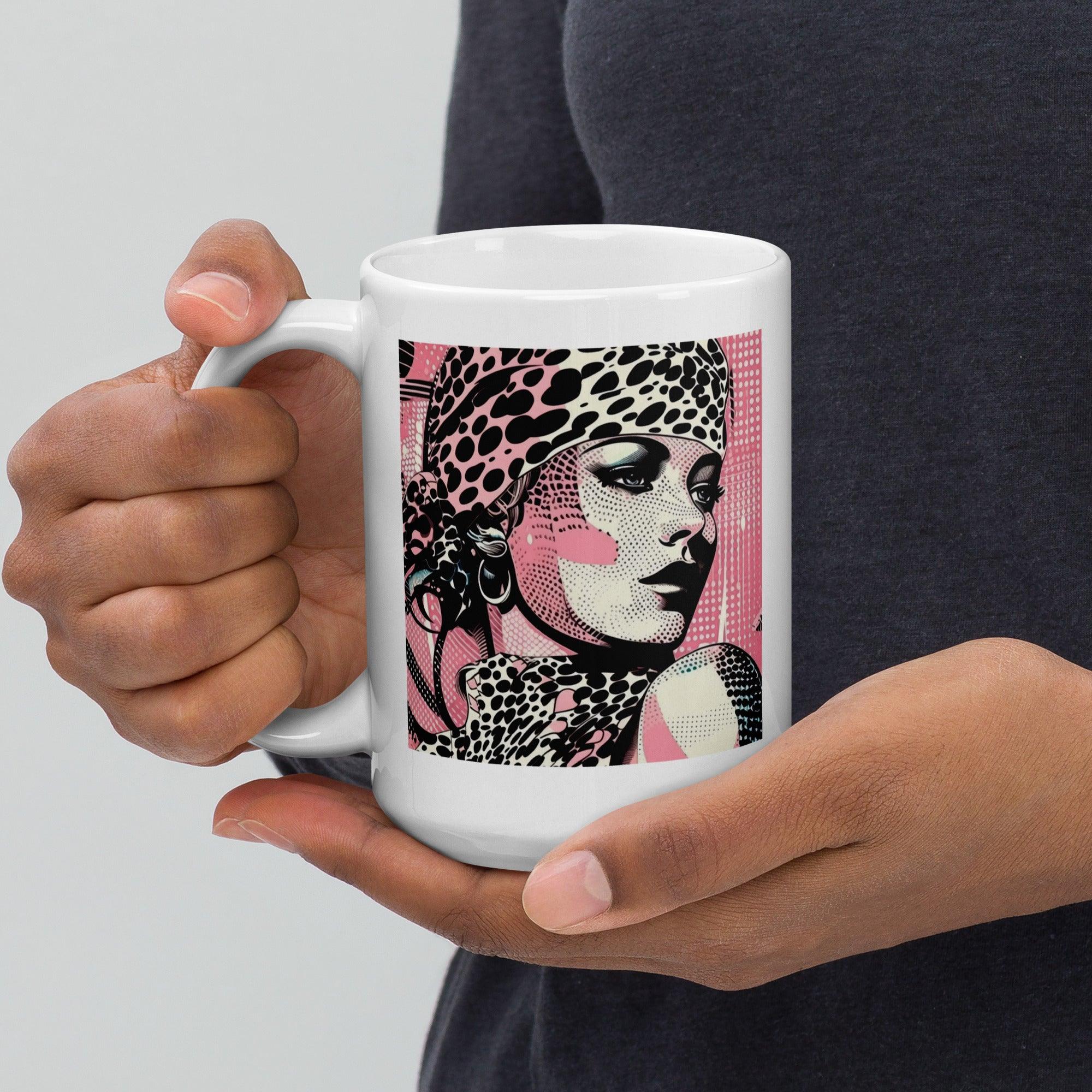 Artistic white glossy mug from Painted Passions collection on a wooden surface.