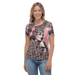 Woman wearing Painted Passions colorful art print t-shirt