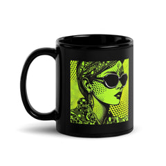Elegant black mug with shiny finish and artistic touches